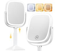 Gospire Espejo de maquillaje rectangular iluminado con luces de 3 colores, altura ajustable y aumento 1X/7X, batería recargable de 4000 mAh para dormitorio, superficie grande de 8.5 x 7.4 pulgadas,