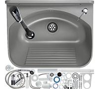 GOSPO Fregadero con grifo extensible, dispensador de jabón, sifón, lavabo, 46 x 36 x 20 cm, para garaje, sótano, lavabo, montaje en pared, en placa, fregadero, incluye accesorios (gris)