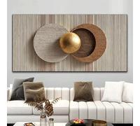 GOSRD Lienzo plano 2D, arte abstracto moderno minimalista con una esfera dorada sobre fondo de madera (55 x 110 cm).