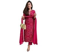 GoSriKi Bandhej Straight Bandhej Printed Kurta con pantalón y Dupatta para mujer, Rosa., XL