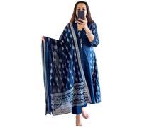 GoSriKi Kurta Anarkali con estampado de viscosa de rayón para mujer con pantalón y dupatta, Azul, M