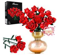 GoStock Set de construcción de Ramos de Flores, 12 Rosas Rojas Artificiales colección botánica Bloques de construcción Juguetes educativos Regalo para niñas Mujeres San Valentín Navidad
