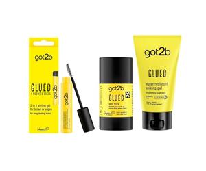 got2b Pack Fijación Total: Gel Fijador de Cejas y Bordes 16ml, Wax Stick Cera de Peinado en Barra 50g y Gomina Waterproof Glued Gel 150ml, para Looks Profesionales, Duraderos con Fijación Extrema