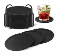 Gotanc Juego de 12 Posavasos de Silicona con Soporte - Antideslizante y Aislado, Posavasos Redondos en Negro para Cerveza, Tazas de Café y Té
