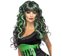 Gotas de Sangre Peluca Sirena Negro y Verde Mujer Largo Rizado Disfraz Halloween