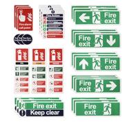 GOTFUN Kit de 30 señales de salida de incendios (derecha, izquierda, arriba, abajo) cumple con la norma EN ISO 7010, acción contra incendios, mantener despejado, puerta cerrada, extintor, alarma de