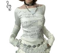 Goth Shirt Grunge Off Shoulder Tops 2000s Clothing for Women Off Shoulder Tops Teen Girls Vintage Y2k Graphic tee (White,L)