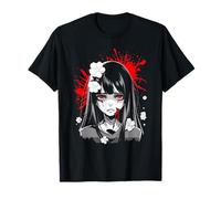 Gothic Anime Girl Red Eyes White Flowers Horror Anime Camiseta
