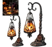 Gothic Pumpkin Lantern Stand,Vintage Halloween Pumpkin Warm Orange LED Glow Lamp,Victorian Skull Details Metal Curved Arm Desk Lamp,for Bedroom Bar Party Indoor Haunted Shelf Decor