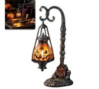 Gothic Pumpkin Lantern Stand,Vintage Halloween Pumpkin Warm Orange LED Glow Lamp,Victorian Skull Details Metal Curved Arm Desk Lamp,for Bedroom Bar Party Indoor Haunted Shelf Decor