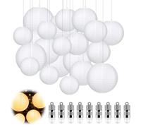 GothicBride 30 farolillos de papel blanco con luces LED, pantalla clásica acanalada, farolillo de papel redondo con 30 luces LED de color blanco cálido para decoración de jardín (15/20/25/30 cm)