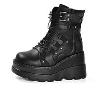 Gothniero Botas de moto de lucha para mujer, color negro, plataforma gruesa, para festival de moto, festival, rave, gótica, para mujer, zapatos punk emo con cadenas de metal, cremallera lateral, punta