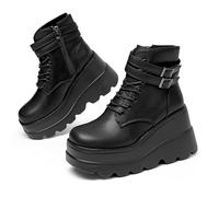 Gothniero Botas de moto de lucha para mujer, color negro, plataforma gruesa, para festival de moto, festival, rave, gótica, para mujer, zapatos punk emo con cadenas de metal, cremallera lateral, punta