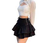 Gótica Estética Negro Plisado Falda Vintage Volantes Minifaldas Ropa de calle Cintura alta Ojal Vendaje Verano Faldas (S,Negro)