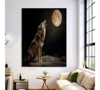 Gótico Animales Su Stampa Su Tela Con Negro Luna Llena Lobo, Poster Decorativi Arte Da Parete Per Arredo Moderno Soggiorno, Misura 80×120 cm Senza Cornice