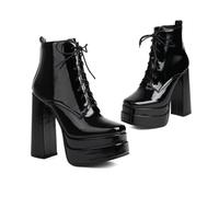 Gótico Botas de Moto Grueso Tacones Altos Botines Botas de la Plataforma de Mujer Punta Redonda Punk Botines de Combate,Black Patent Leather,47 EU