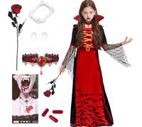 Gótico Disfraz Vampiresa Niña,7 Piezas Disfraz Vampira Real Halloween,Vestido Halloween Niñas con Colmillos Vampiro,Sangre Falsa y Accesorios Vampiro,Vestido Reina Vampiresa Carnaval XL(12-15 Años)