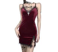 SHANHE Gótico Sexy Verano Mini Vestidos para Mujer Terciopelo Vintage Sin Mangas Vestido Estético Sin Espalda Dividir Elegante Vestido De Fiesta-Rojo,S