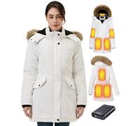 GOTOBI Chaqueta Calefactable Mujer Con Batería De 12V 18400 Mah, 8 Zonas De Calentamiento con 3 Niveles de Temperatura, Chaqueta Cortaviento y Cálido de invierno con Capucha de ExtraíBle,Blanco,S