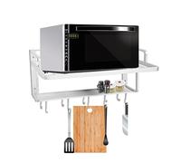 GOTOTOP - Soporte para horno de microondas de pared de aluminio con 2 pisos, organizador de almacenamiento con 10 ganchos para cocina, 55 x 38,5 x 25 cm, plata, Moderno