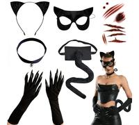 GOTRUST Accesorios Disfraz Gato Negro, 6PCS Juego de Disfraz de Gato, Catwoman Costume Accesorios para Adultos Halloween Fiesta Cumpleaños Cosplay