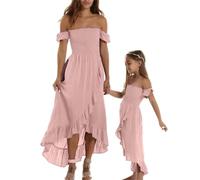 Goudyna Vestido para madre e hija, hombros descubiertos, dobladillo con volantes, vestido largo a juego para la familia para mamá y yo, A-rosa, S