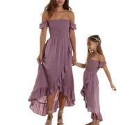 Goudyna Vestido para madre e hija, hombros descubiertos, dobladillo con volantes, vestido largo a juego para la familia para mamá y yo, A-morado., 5-6 años