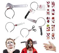 Goujfol Halloween Terror Diademas Decoración, Halloween Sangrientas Llave Cuchillo Flecha Jeringuilla con Pegatinas Cicatriz Tatuaje, Carnaval Cosplay Vampiro Zombi Disfraz Fiesta Decoración