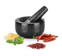 GOURMEO Mortero Cocina con Maza - Juego de Mortero Granito y Maja 12 cm - Molcajete para Moler Especias Guacamole Pesto Nueces Alioli Mojito - Capacidad 300 ml - Granito Negro