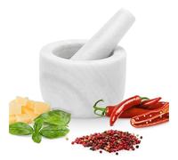 GOURMEO Mortero Cocina con Maza - Juego de Mortero Marmol y Maja 8,5cm - Molcajete para Moler Especias Guacamole Pesto Nueces Alioli Mojito - Capacidad 100 ml - Mármol Blanco