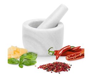 GOURMEO Mortero Cocina con Maza - Juego de Mortero Marmol y Maja 8,5cm - Molcajete para Moler Especias Guacamole Pesto Nueces Alioli Mojito - Capacidad 100 ml - Mármol Blanco