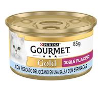 GOURMET Gold Doble Placer, Comida Húmeda para Gato Adulto, Trocitos de Pescado del Océano en salsa con Espinacas, Pack de 24 Latas de 85 g