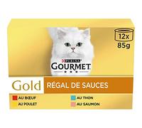 Gourmet Gold, Regal de Salsas, Caja, Gato, Carne de Res, Pollo, salmón, atún, 12 x 85 g