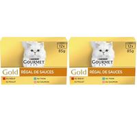 GOURMET Gold, Regal de Salsas, Caja, Gato, Carne de Res, Pollo, salmón, atún, 12 x 85 g (Paquete de 2)