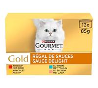 Gourmet Gold - Salsas Alimento para Gatos con Carne de Res, Pollo, atún y salmón, 12 x 85 g, Paquete de 8