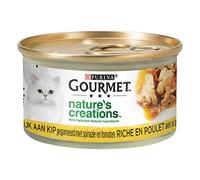 Gourmet Nature's Creations Comida para Gatos, Comida húmeda Rica en Pollo Cubierto con Espinacas y Tomates - 24x85g - (24 latas; 2.04kg)