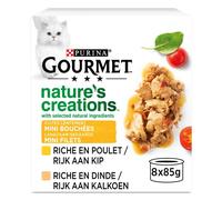 GOURMET Nature?S Creations, Gato, Mini Bocados, Pollo Recorte Espinacas y Tomates, Pavo Recorte Espinacas y Chirivías, 8 x 85 g, Lote de 12