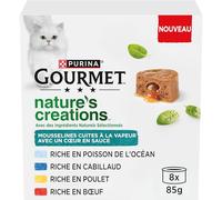 GOURMET Nature's Creations, Gato, Muselinas Corazón en Salsa, Pollo-Zanahorias, Terneras Tomates, Pescado del OcéanoEspinacas, Cabillaud-Chirivía, 8x85g