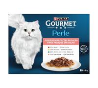 GOURMET Perle Mini Filetes en Salsa, Comida Húmeda para Gato Adulto, Trocitos en Salsa, Surtido de Buey, Pollo, Conejo y Salmón, 10 Packs de 8 Sobres de 85 g. (80 sobres)