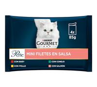 GOURMET Perle Mini Filetes en Salsa, Comida Húmeda para Gato Adulto, Trocitos en Salsa, Surtido de Buey, Pollo, Conejo y Salmón, 12 Packs de 4 Sobres de 85 g. (48 sobres)