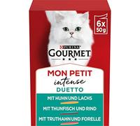 Gourmet PURINA GOURMET Mon Petit Duetto Intense Comida húmeda para Gatos, Mezcla de variedades con Pescado, 8 Unidades (8 x 6 Bolsas de 50 g)