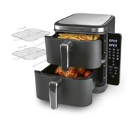 GOURMETmaxx FryUp Freidora de aire caliente vertical de doble cámara, pantalla táctil plegable, 32% de ahorro de espacio, capacidad de 10 litros, freidora de aire caliente, 2 habitaciones