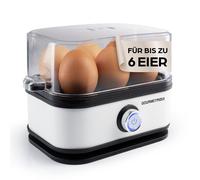 GOURMETmaxx Hervidor de huevos para 6 huevos. Hervidor de huevos con cortador de huevos en vaso medidor. Cocina para huevos con 3 grados de dureza, adecuada para cada huevera. Diseño blanco con piezas