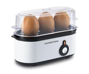 GOURMETmaxx Hervidor de huevos para 3 huevos, hervidor de huevos con cortador de huevos en vaso medidor, 3 grados de dureza para tu huevera, diseño pequeño, piezas aptas para lavavajillas