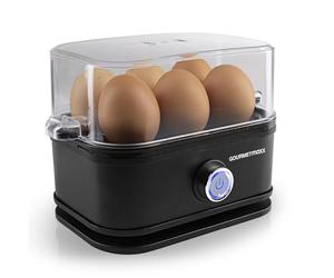 GOURMETmaxx Hervidor de huevos para 6 huevos | Hervidor de huevos con pincho para huevos en el medidor de dosis | Con 3 niveles de cocción - para cada molde de huevos | Diseño negro - piezas lavables