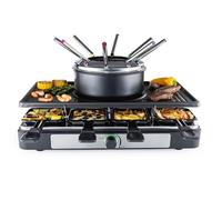 GOURMETmaxx Juego de parrilla 2 en 1 con fondue, raclette para 8 personas, ideal como parrilla para fiestas, combinación de fondue raclette con 8 sartenes, espátulas, tenedores para fondue, raclette