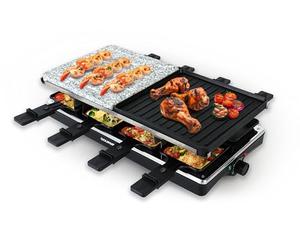 GOURMETmaxx Juego de raclette 2 en 1 para 8 personas | Raclette con placa de piedra y placa de aluminio, incluye 8 sartenes y rascadores, combinación de raclette con control de temperatura | parrilla
