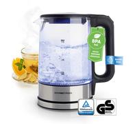 GOURMETmaxx Hervidor de agua de cristal en diseño intemporal de acero inoxidable con iluminación LED azul | Práctico indicador del nivel de agua, filtro antical, capacidad de 1,7 litros