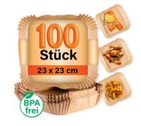 GOURMETmaxx Papel de horno para freidora de aire caliente de 5 a 8 litros, bandeja de papel antiadherente y resistente al aceite, papel para hornear Airfryer - Forma flexible | 100 unidades - 23 x 23