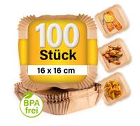 GOURMETmaxx Papel de horno para freidora de aire caliente de 2 a 5 litros, bandeja de papel antiadherente y resistente al aceite, papel para hornear Airfryer - Forma flexible | 100 unidades - 16 x 16